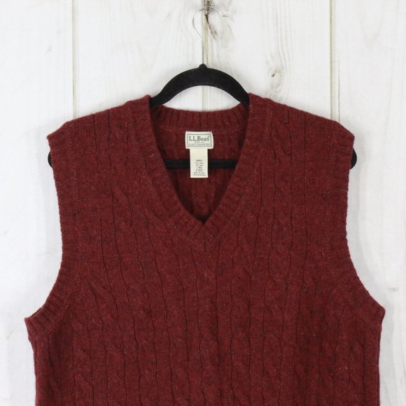 LL Bean Red 100% Wool Shetland V-Neck Cable Knit Pullover Vest Size L - Picture 2 of 9